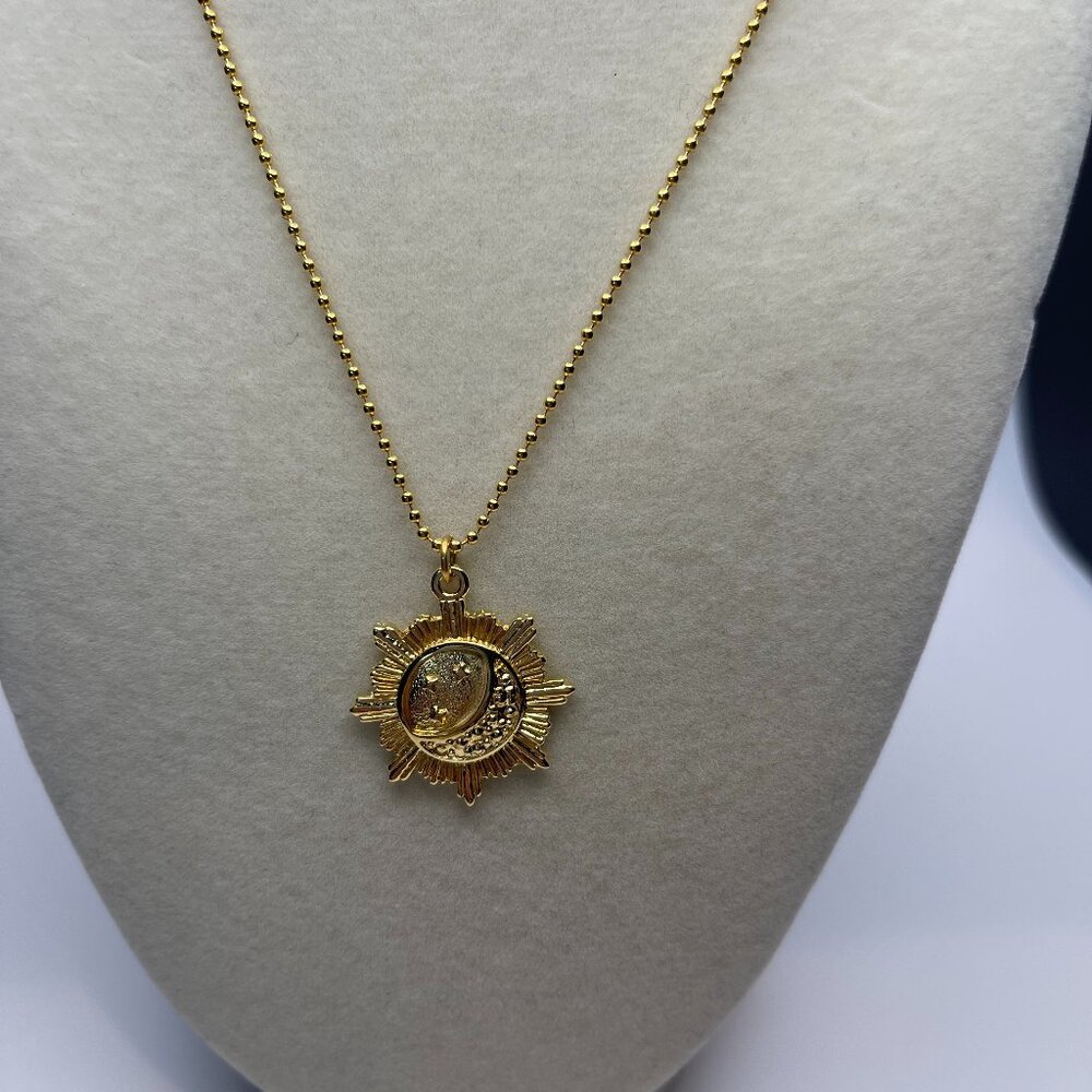 MAYAMAR 24K Gold Plated Sunburst Pendant with Crescent Moon and Stars